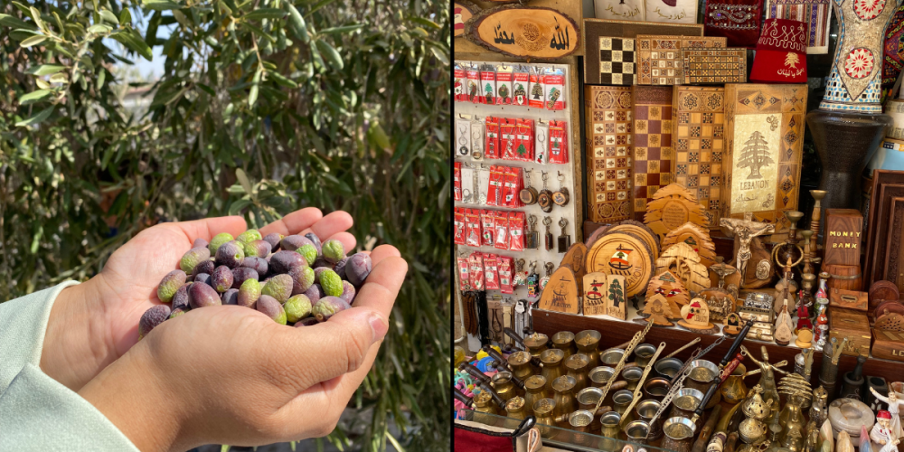 Two photos featuring a hand holding olives and a close up of a market stall.