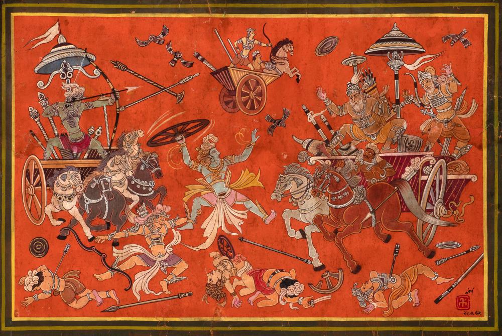 Modern painting by Nandalal Bose of a battle scene