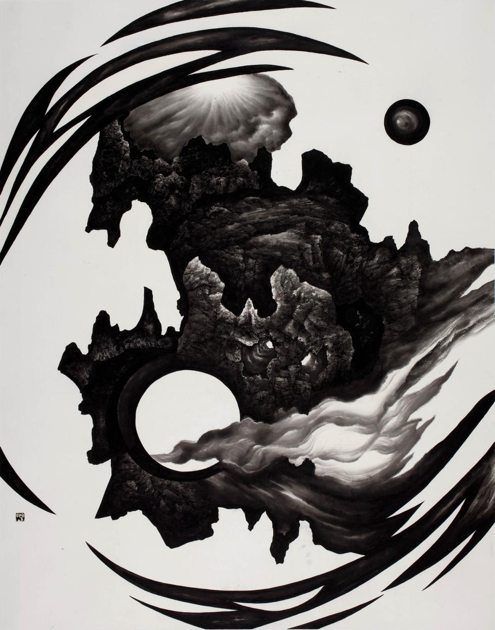 abstract painting by Jizi, of a cosmic landscape, in black and white, ink on paper