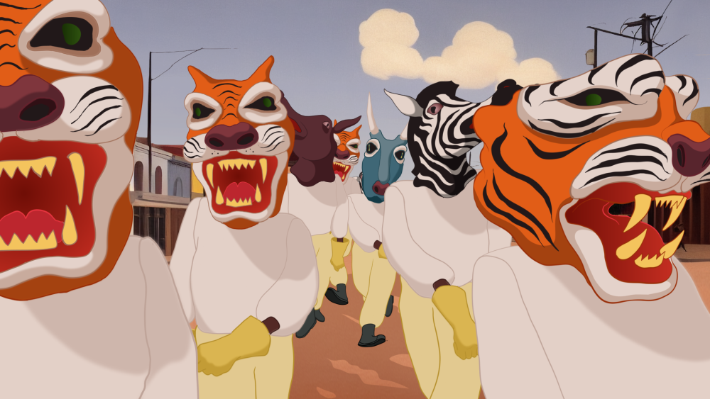 animation of people in costumes, with tiger, zebra and other animal heads