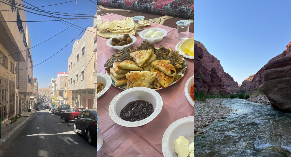 Collage showing alleyway in Kerak, levantine breakfast and wadi Hasa water valley