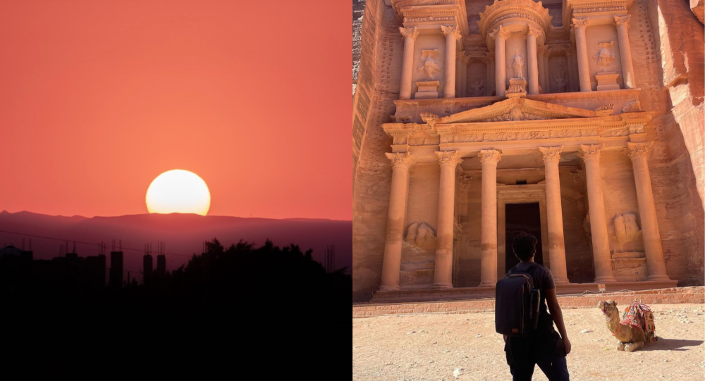 sunset, standing in fron of the Treasury of Petra 