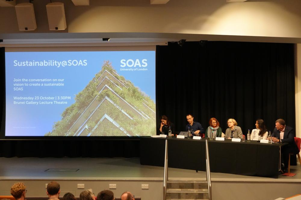 A panel of experts discusses sustainability at SOAS at an on-campus event in the university.