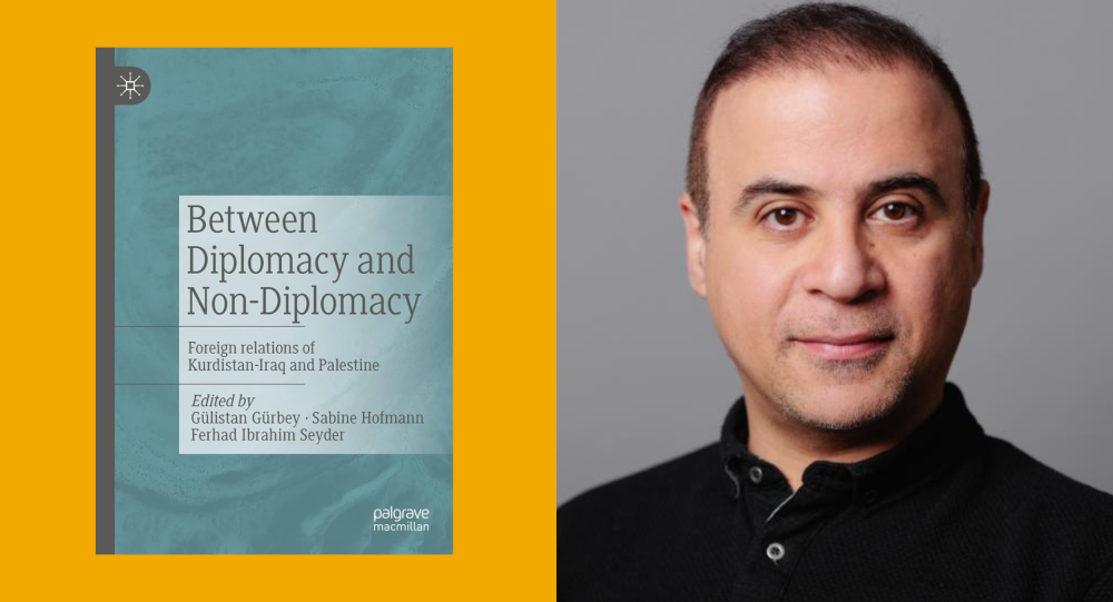 Ali Alavi headshot and book cover for Between Diplomacy and Non-Diplomacy