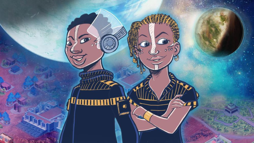 Still from Usawa video game. Two children, a boy and a girl, stand in afrofuturistic dress against a background of stars and planets.