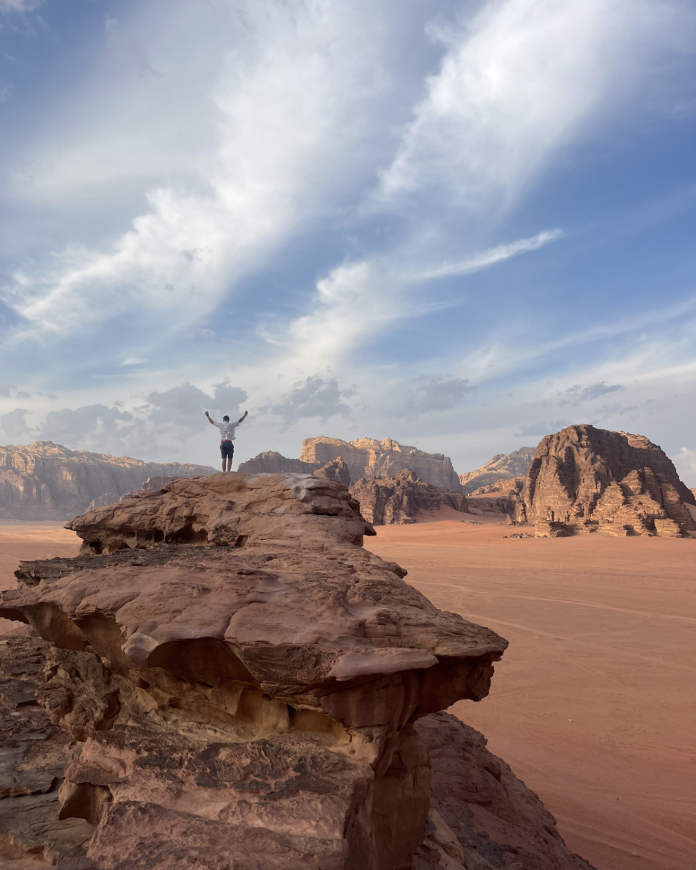 A person with raised arms stands at the edge of a rocky cliff against a desert landscape in Jordan. 